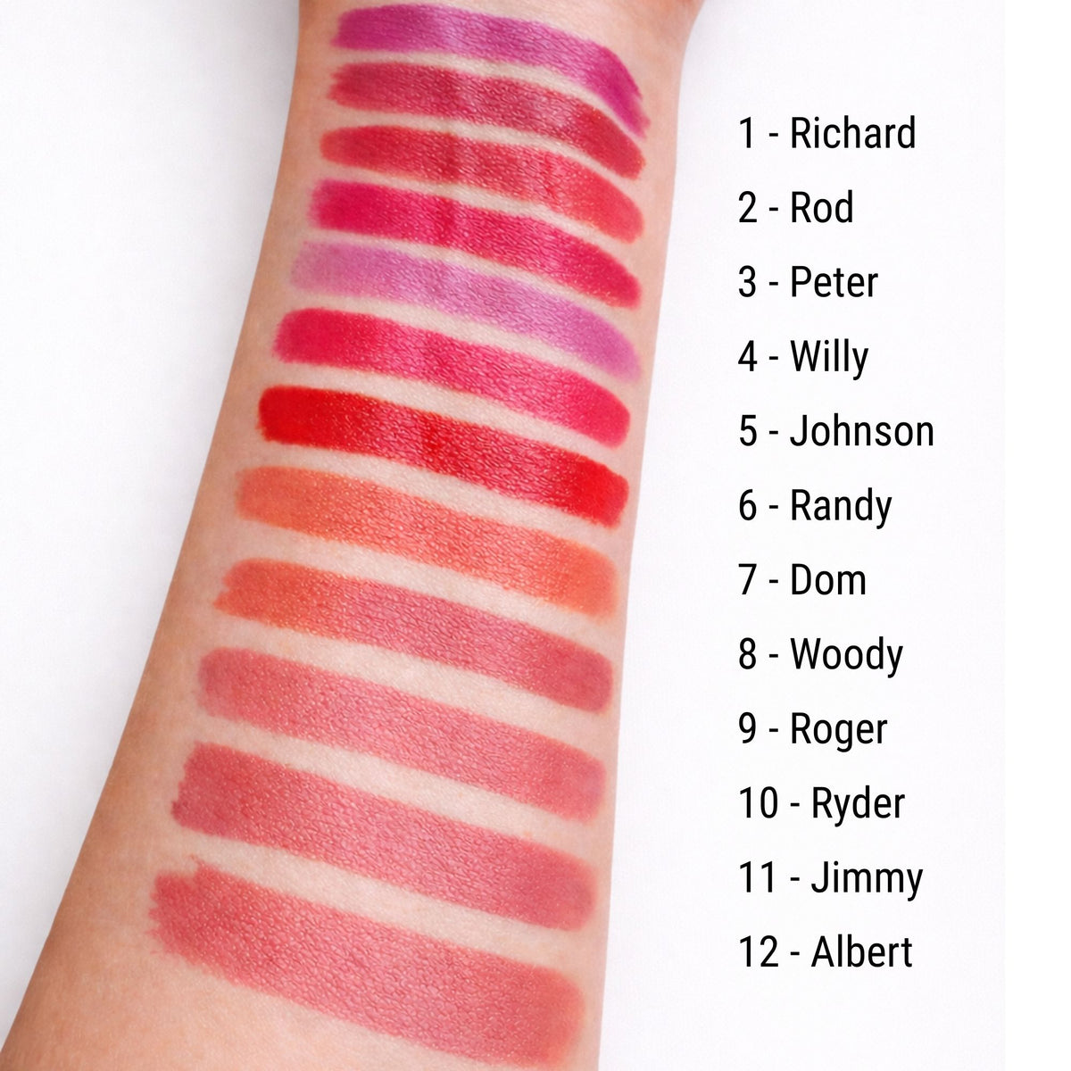 Lipstick swatches on a person's arm with color names listed next to each swatch. All shades are male names.