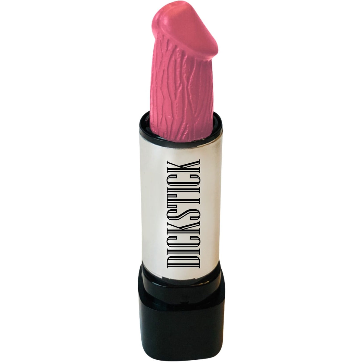 A novelty lipstick shaped like a penis in a black and silver tube, with a pink textured lipstick bullet, shown on a plain white background. Shade No.5 Johnson